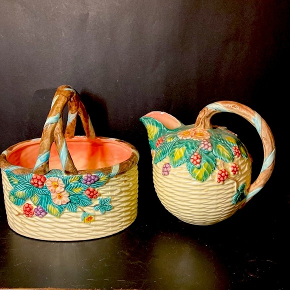 The Haldon Group Ceramic Majolica Fruits Pitcher Jug and Handheld Basket set - Picture 1 of 8